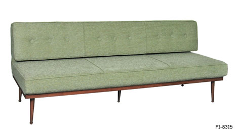 ARMLESS SOFA: Mid-1900's Modern Style, Aqua & Muted Gold Chenille Upholstered; 9 Button Slanted Box Back with Box Seat with Welt Trim on Walnut Subframe with Splayed Tapered Legs, 84 x 31 x 33"H