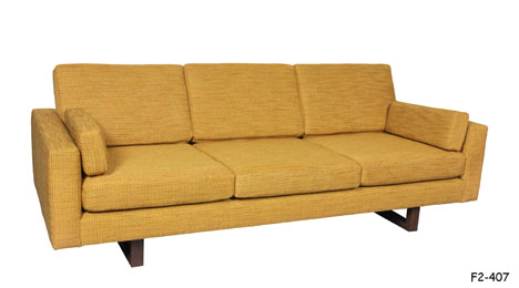 SOFA: 1960s MidCentury Modern, Gold & Orange Woven Polyester Fully Upholstered Tuxedo Frame with Three Loose Out-Size Rectangular Box Edge Back Cushions, 3 Loose Box Edge Seat Cushions & 2 Loose Rectangular Box Edge Bolsters, Recessed Walnut Sleigh Base, 87"W x 34-1/2"D x 23"H At Top of Frame, 33"H At Top Of Back Cushions SPECIAL PACKING #320