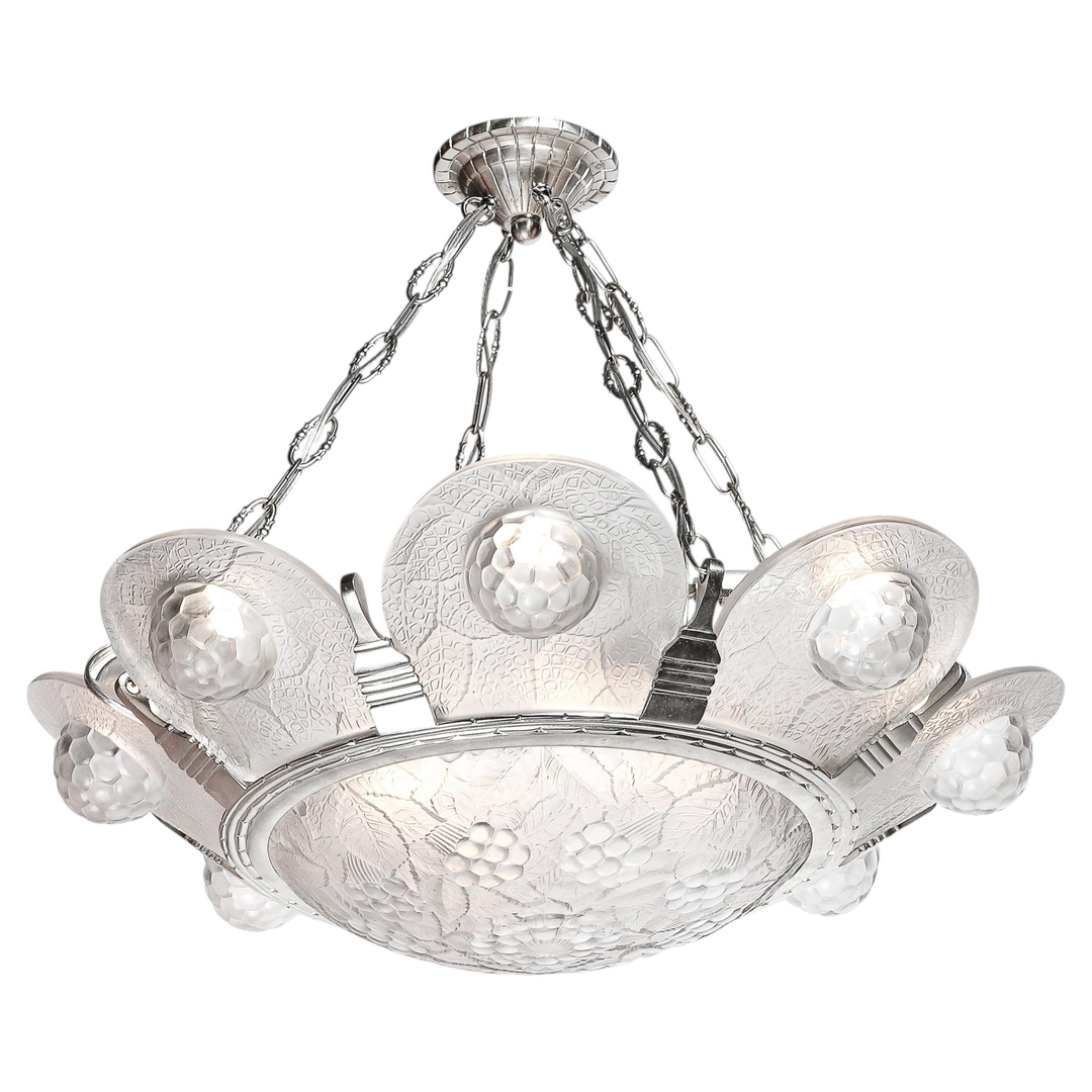 Art Deco Frosted Glass Chandelier with Stylized Cubist Floral Motif