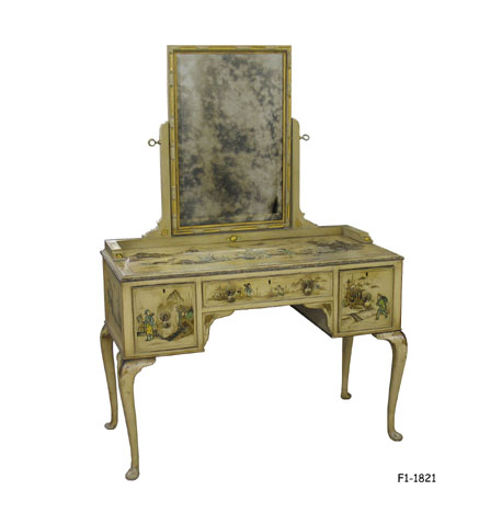 DRESSING TABLE: Chinoiserie, Circa 1930, cream finish w/painted figures in gold blue & red, 2 deep side drawers & center drawer w/ brass pulls, cabriole legs. swing mirror, gold vein, 45"X 21"X 65"H.