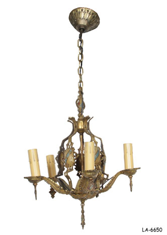 CHANDELIER: Small, 1920's Spanish Colonial Revival, 5 Light Electric, Gilded Cast Brass, Five Arms with Edison Socket & Candle Cover, Decorated with Crests on Each Arm, Chain Drop with Conical Cast Brass Canopy, 17"dia x 18"H