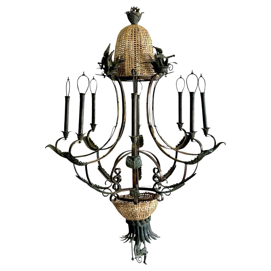 Vintage Coastal Maitland Smith Patinated Monkey Chandelier