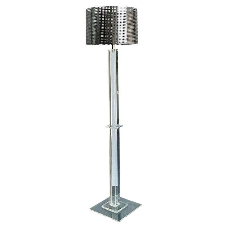 Vintage Boho Lucite Floor Lamp With Perforated Metal Shade