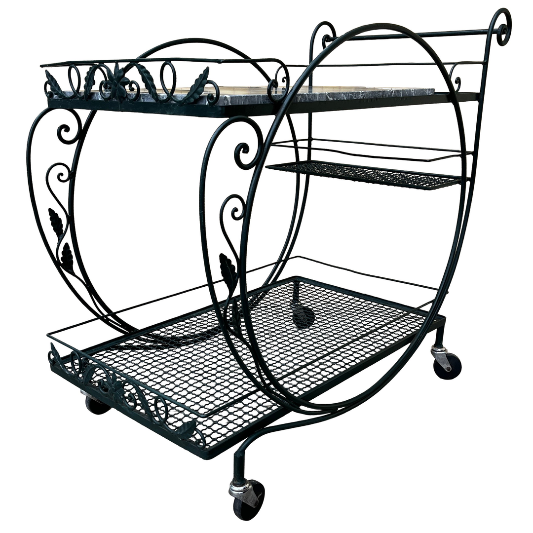 Wrought Iron Marble Top Patio Serving Cart in the Salterini Style. Circa 1960s