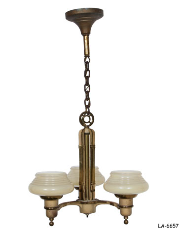 HANGING PENDANT LAMP: 1930's Modern, Three Light Electric, Brass & Cream Finished Metal, Three Arms-Each with Edison Socket & Bottom Finial, Chain Drop with Canopy, 12-1/2 x 12-1/2 x 14"H
