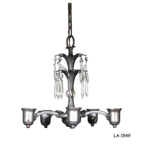 CHANDELIER: Small Art Deco aluminum w/crystal drops; 5 arms, each w/socket. 14"W x 15"H (cracked arms)