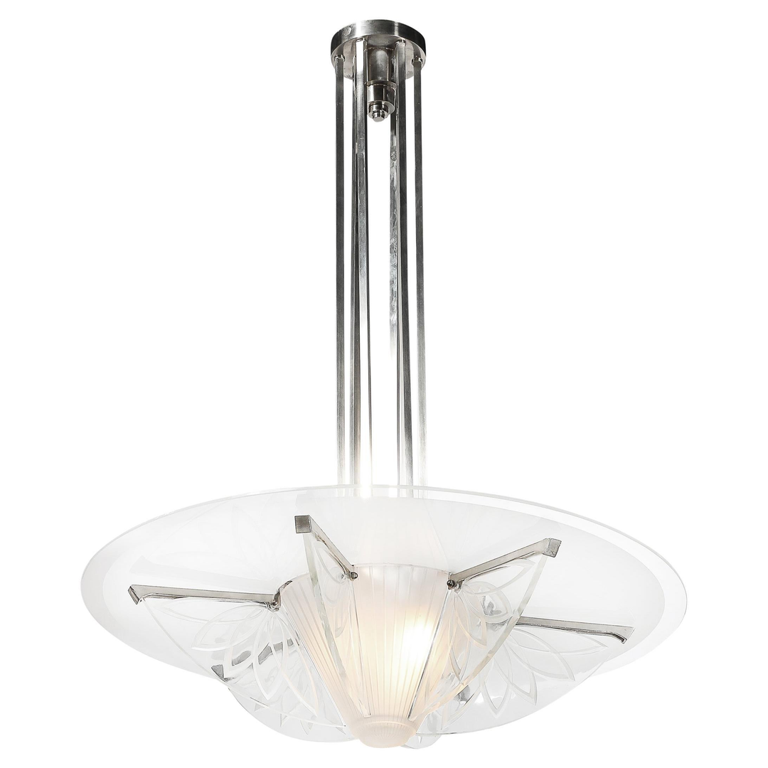 Art Deco Machine Age Frosted, Etched Glass & Nickel Chandelier by Pierre D'Avsen