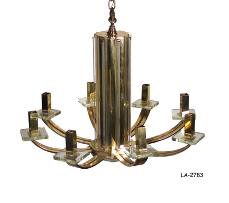 CHANDELIER: Art Deco brass & glass w/8 "bow" arms-ea w/square glass bobeche. 29" x 23".