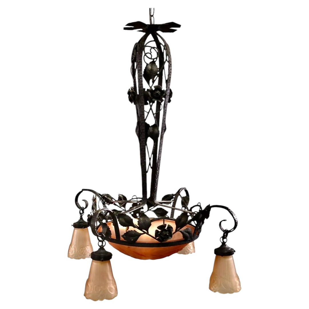 Art Deco Iron and Glass Chandelier, Attributed to Mueller Freres