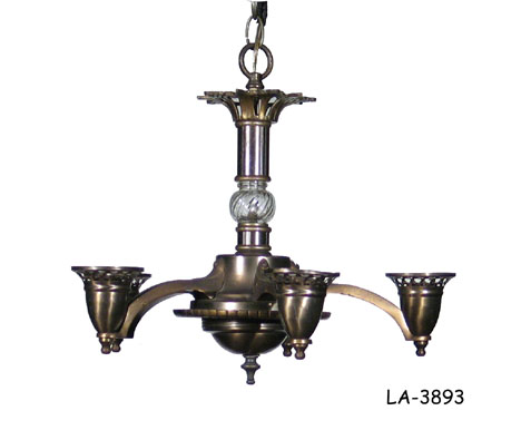 CHANDELIER: Antiqued brass, fluted cylinder w/glass ball, center, five curled arms, w/socket & shade fitter w/hanging chain, 18"Diam X 14 1/2"H.