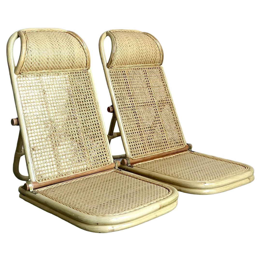 Vintage Boho Woven Rattan Sun Beds - A Pair