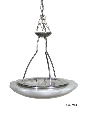 HANGING FIXTURE: Modern, chrome ring w/three connecting arms to canopy, one light socket, white glass swirl dish shade w/scalloped edge, 18" Dia.X 17"H.
