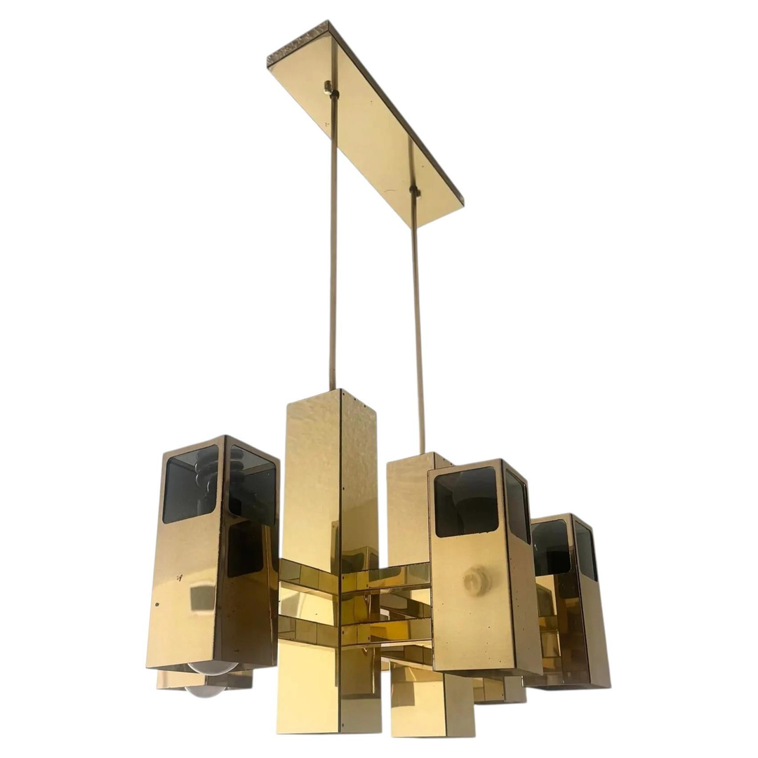 Mid Century Modern Brass Finish and Smoked Lucite Chandelier by Robert Sonneman