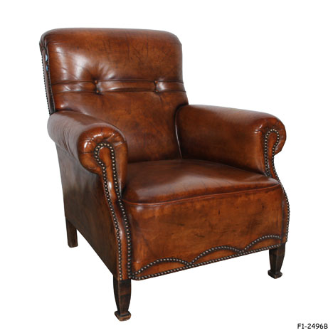CLUB CHAIR; Traditional, Burnished Tan Leather Upholstered with Button Back, Rolled Arms, Nail Head Trim, Loose Fitted Box Edge Seat Cushion, Stained Tapered & Blocked Wood Legs, 32-1/2" x 38" x 36"H F1-2496 B SPECIAL PACKING #552