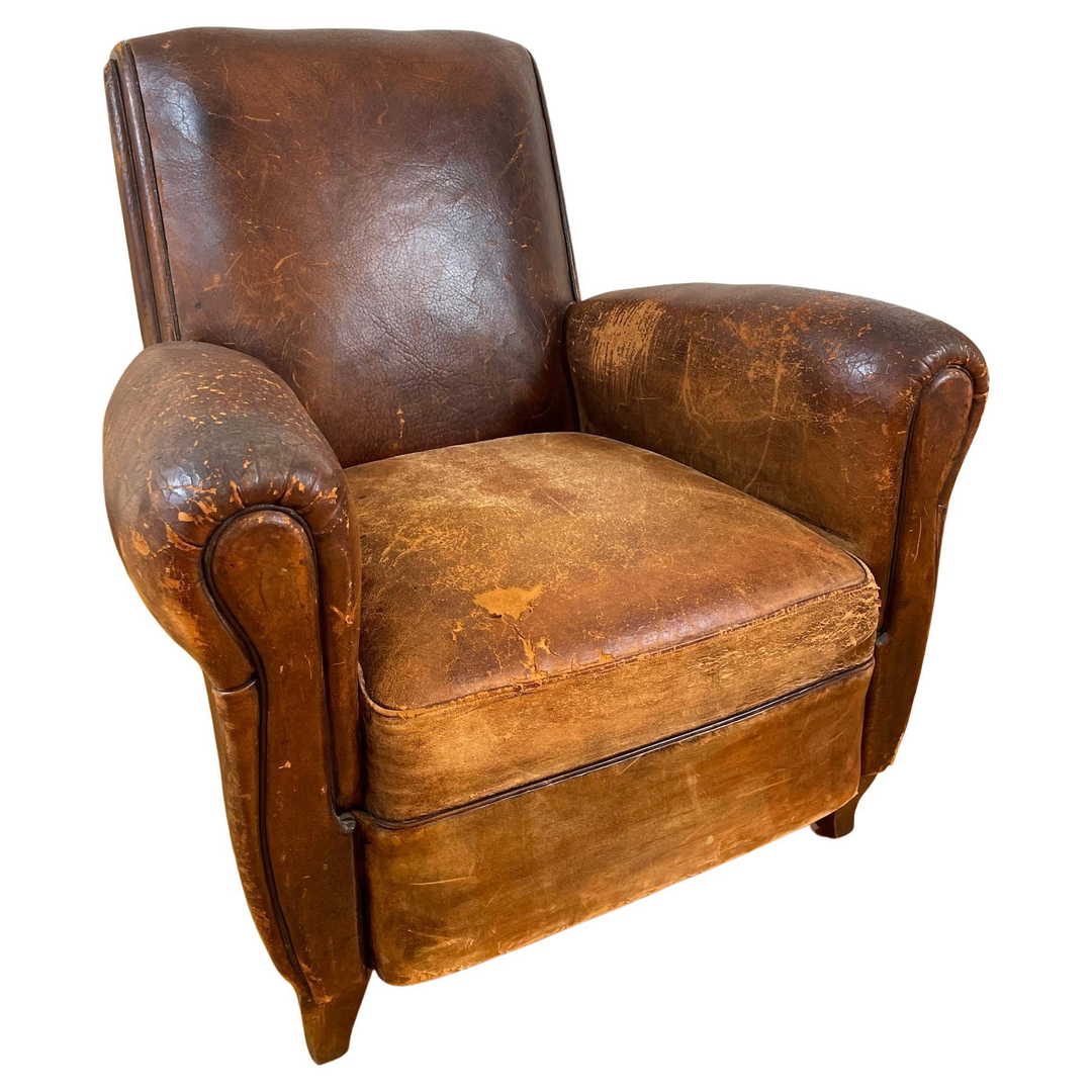 Antique French Art Deco Club Chair, Distressed Brown Leather, 1930s