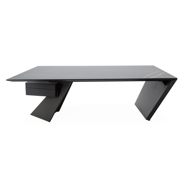 Modern Black Ceramic Top Coffee Table with Angled Metal Legs and Storage Drawer