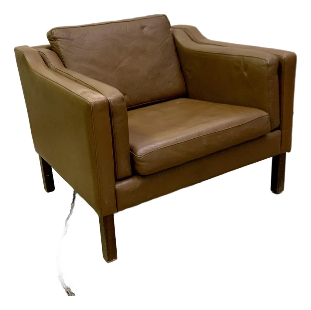 1970s Danish Modern Brown Leather Arm Chair in the Style of Børge Mogensen