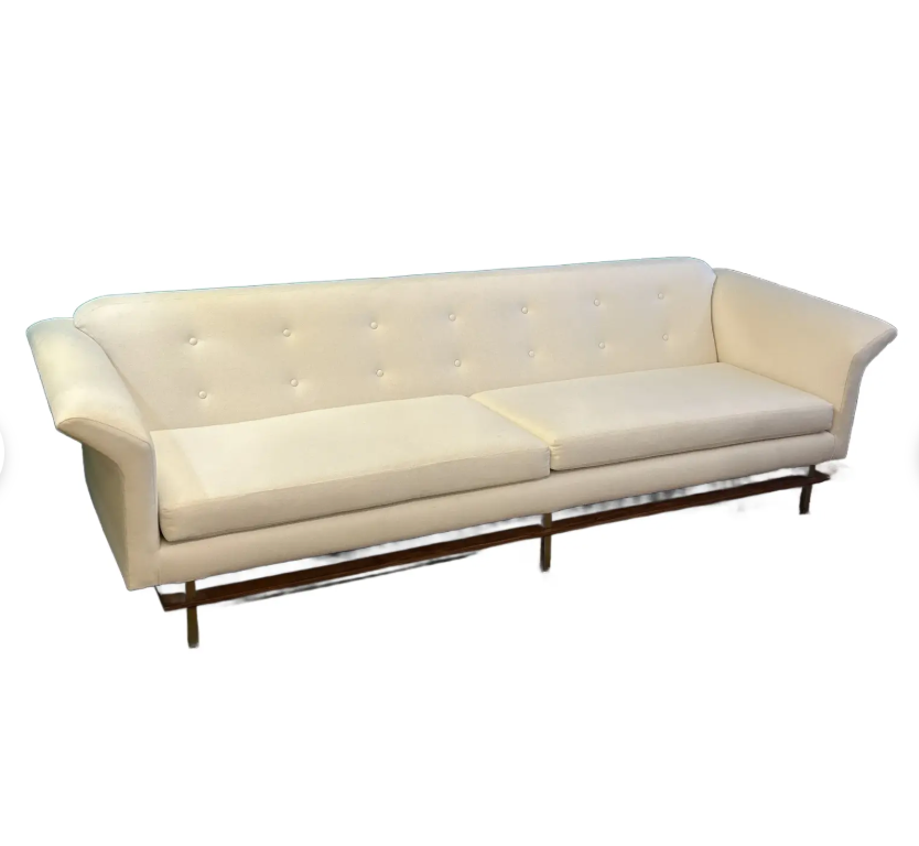1950s Linen Colored Walnut and Brass Frame 8.5 Feet Long Tuxedo Back Sofa