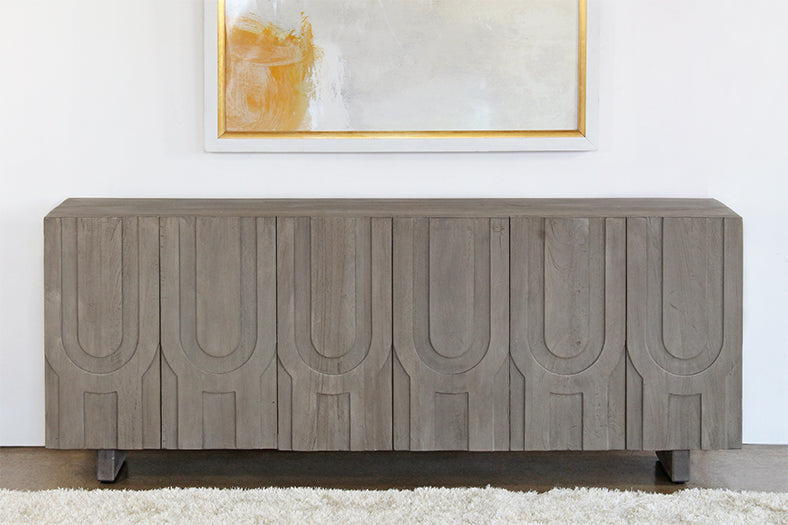 Aged Grey Carved Media Console
