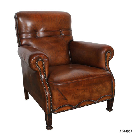 CLUB CHAIR; Traditional, Burnished Tan Leather Upholstered with Button Back, Rolled Arms, Nail Head Trim, Loose Fitted Box Edge Seat Cushion, Stained Tapered & Blocked Wood Legs, 32-1/2" x 38" x 36"H F1-2496 A SPECIAL PACKING #552