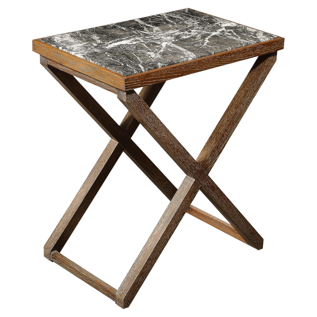 Modernist Oak X Base Side Table W/ Marble Inlayed Top by Mattaliano