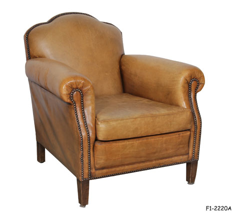 CLUB CHAIR: Traditional, Variegated Tan Leather Upholstered with Nail Head Trim, Rolled Arms, Loose Seat Cushion, 34" X 35" X 34"H F1-2220 A SPECIAL PACKING #516