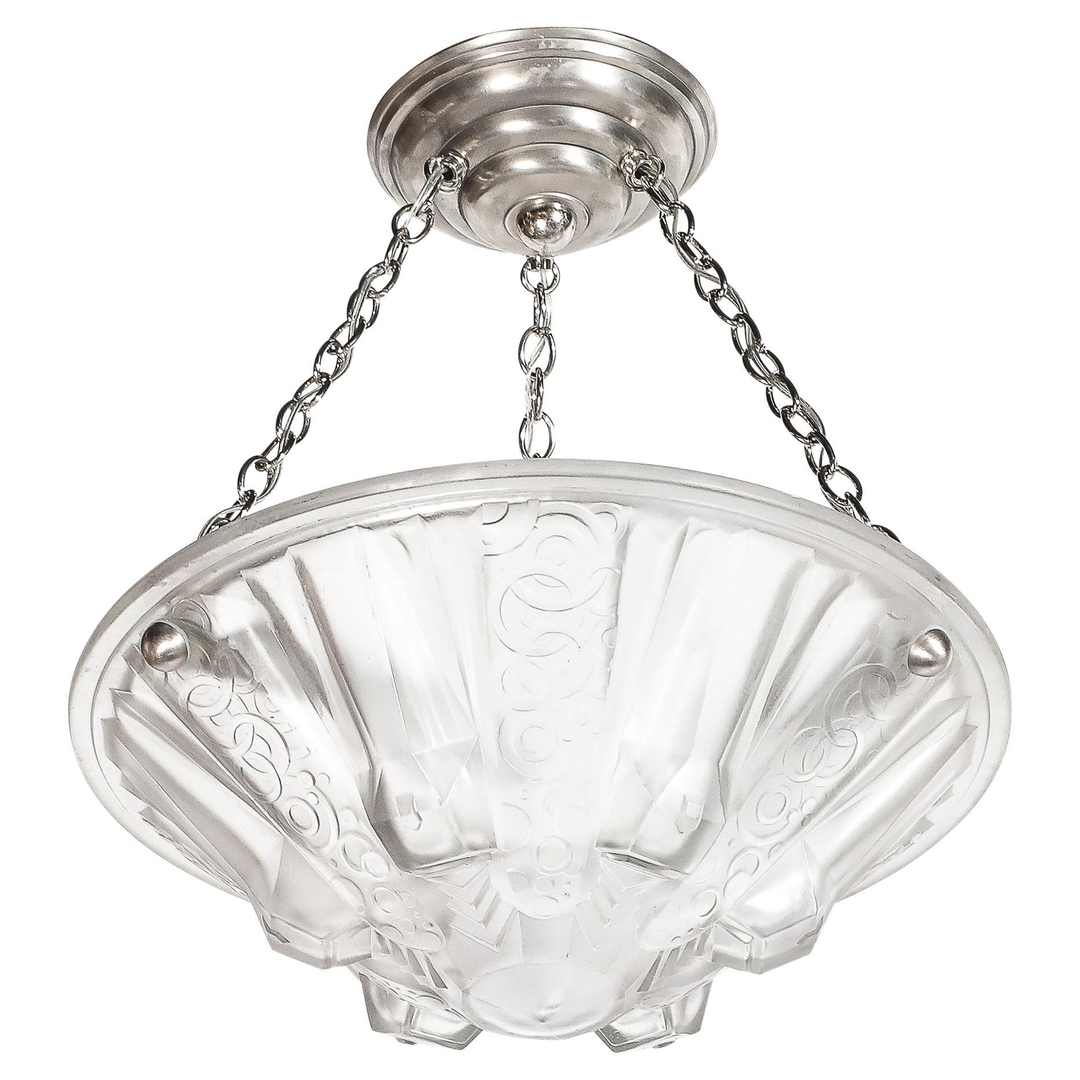 Stunning Art Deco Cubist Detailed Molded Glass Chandelier signed Muller Freres