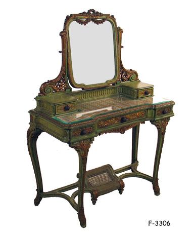 VANITY TABLE W/MIRROR: Late 19th C Louis XV style green/gilt trim, two drawers on top, fabric covered top under beveled glass top, cabriole legs joined by stretcher w/cane footrest, 42-1/2"W x 19"D x 57-1/2"H NOTE: AS OF 4/3/2023 MISSING GLASS TOP