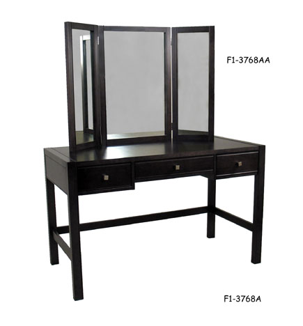 VANITY TABLE: Contemporary, Black Wood Finish, Three Drawers-Each with Stainless Steel Pull, Square Legs, Side Stretchers, 50" X 24" X 31"H