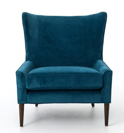 arm chair, wingback, dark teal velvet upholstery