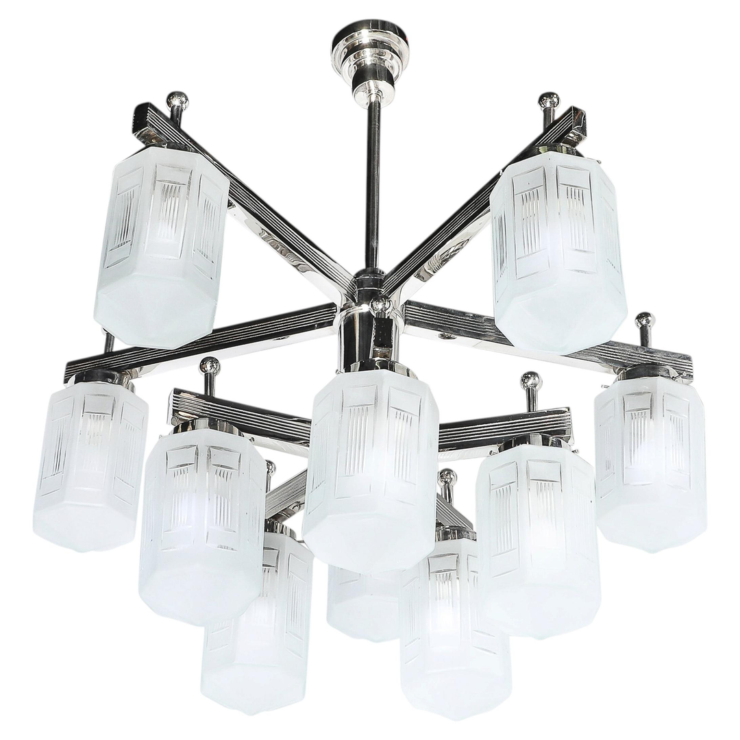 Art Deco Style 10 Arm Frosted & Etched Glass Chandelier w/ Polished Nickel Frame