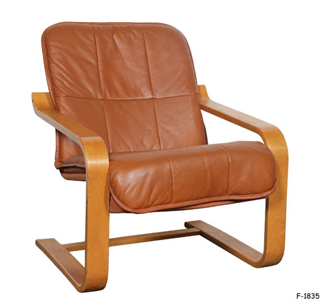 LOUNGE CHAIR: 1970's Danish Modern, Sling Seat & Back in Medium Brown Leather, with Terracotta Cloth on Reverse within Open Arm Blond Wood Frame on Sled Base, 27" x 28" x 32"H