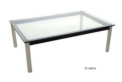 COFFEE TABLE: "Le Corbusier" LC 10, 1928 Bauhaus Style, 1/2" Thick rectangular glass top, black Metal open frame, stainless steel tubular legs, 47"X 30 1/2"X 15 3/4"H.