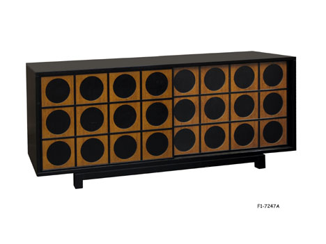 CHEST, Contemporary, Black Wood w/2 sliding doors, each with circle cut-out designs, 4 shelves inside, 72 x 20 x 30-1/4"H