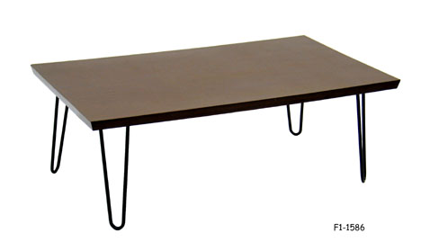 COFFEE TABLE: 1950s MidCentury Modern wood grain brown formica, rectangular shape, black iron hairpin legs, 21-1/4" x 35-1/2" x 12-3/4"H.