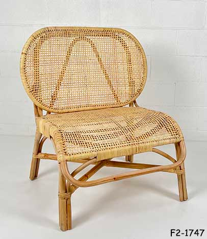 LOUNGE CHAIR: Rattan, Wide Oval Back, Sloping Front Edge of Seat, Bent Bamboo Frame, Light Tone Open Box Weave Cane on Back and Seat, 26"W x 28"D x 36"H
