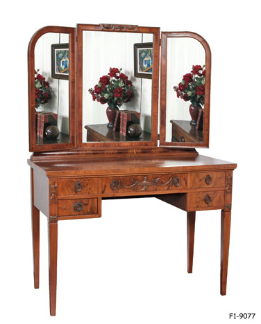 DRESSING TABLE: Georgian "Adams" Style, Burl Walnut with Bookmatch Veneer, Threefold Mirror (43"W x 28"H); Four Drawers with Oval Pulls, Urn & Draped Festoon Molding, Long Square Tapered Legs, 42"W x 20"D x 61"H Overall