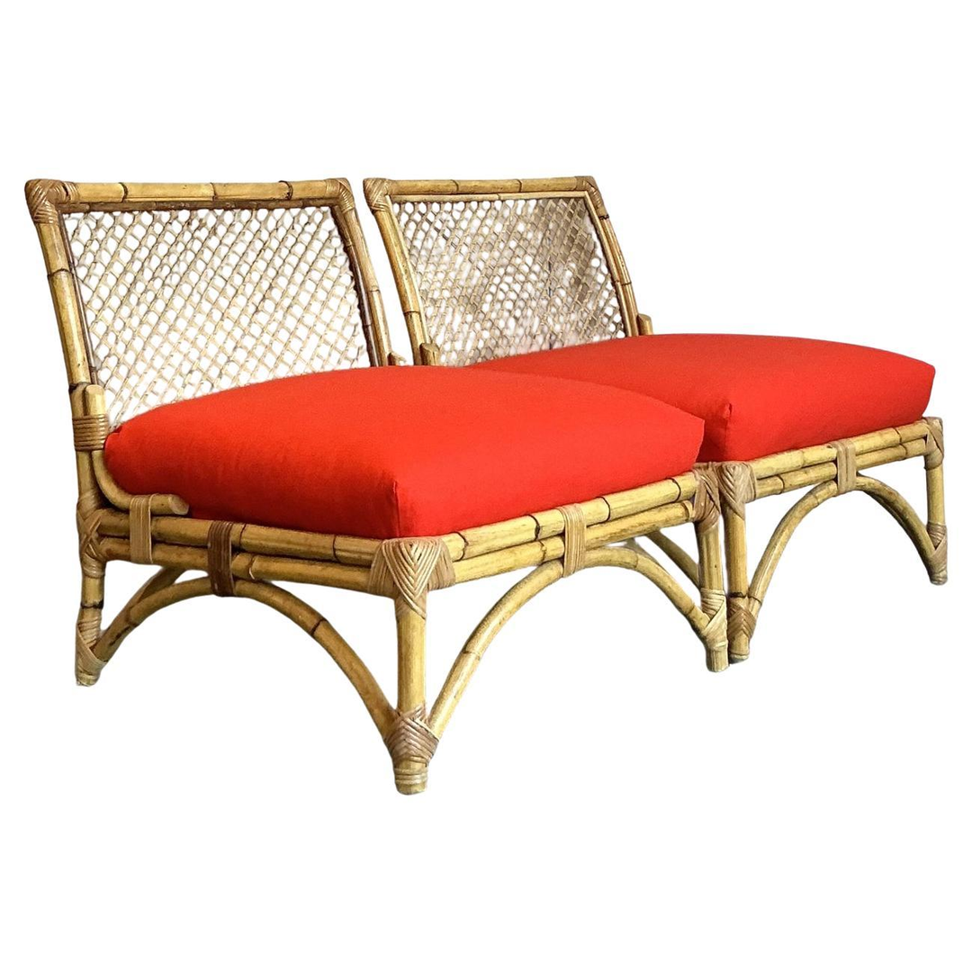 Vintage Coastal Trellis Rattan Slipper Chairs - A Pair