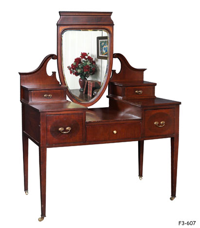 VANITY TABLE: Georgian, Sheraton style, Mahogany with Inlay, 3 drawers under top with 2 drawers set back on sides, swivel mirror With deep top frame sloping down to curved bottom attached to scrolled supports, 47-1/2" x 23" x 64"H