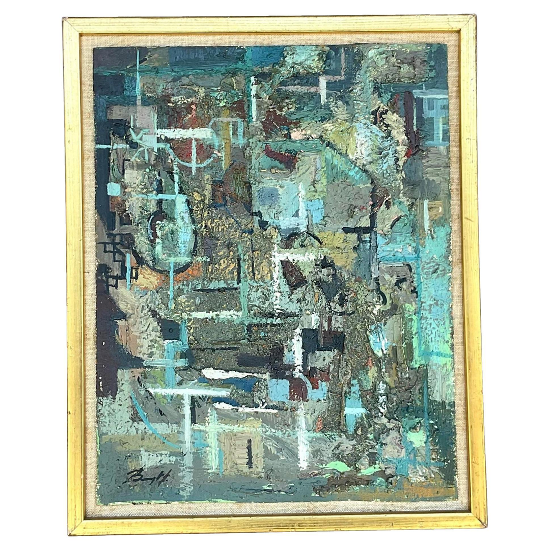 Vintage Boho 1950s Signed Original Abstract Oil on Board