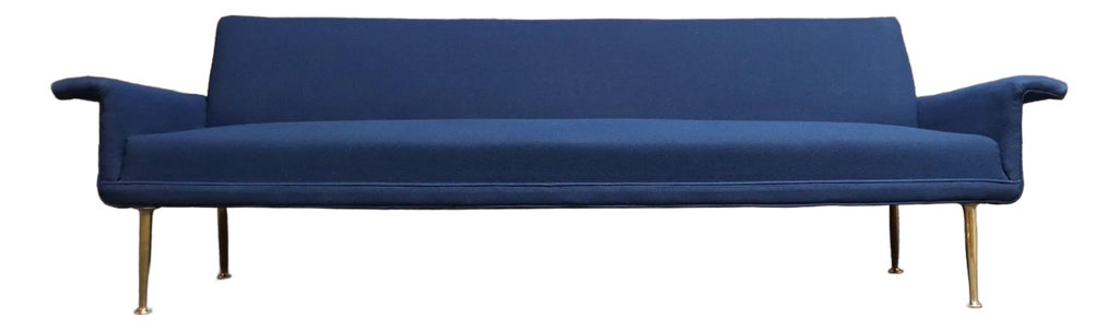 Vintage Italian Modernist Sculptural Sofa in Blue Tweed With Brass Tapered Legs