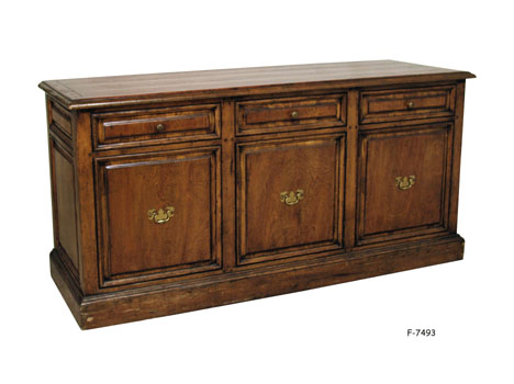 OFFICE CREDENZA: Traditional fruitwood, 3 shallow drawers with 2 file drawers & 1 door, With Casters, 63" x 20" x 31"H