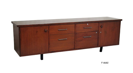 OFFICE CREDENZA: 1950's, Executive, walnut stained, 2 Doors & 4 Drawers-All with New Hardware, Tapered Walnut Legs; 86-3/4" x 20-1/2 x 29" SPECIAL PACKING