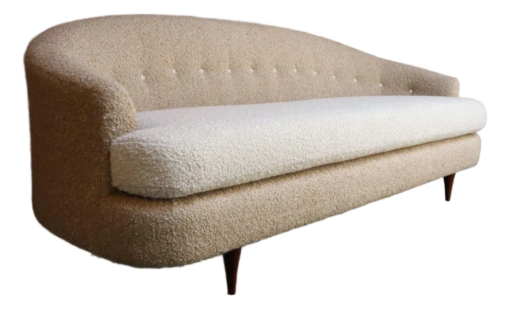 Danish Modern Curved Sofa in Teak and Two-Tone Bouclé by Selig