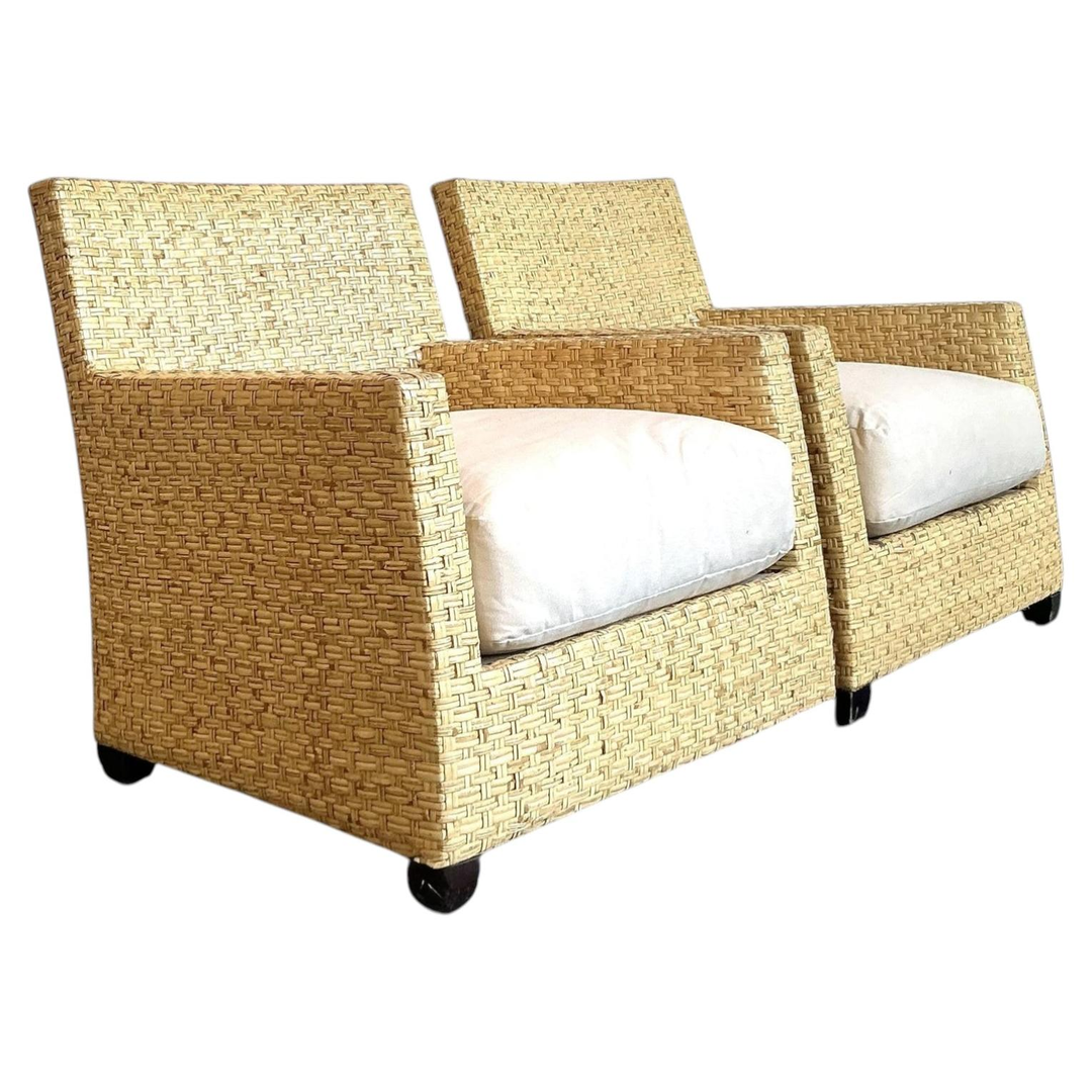Vintage McGuire Woven Rattan Lounge Chairs - A Pair