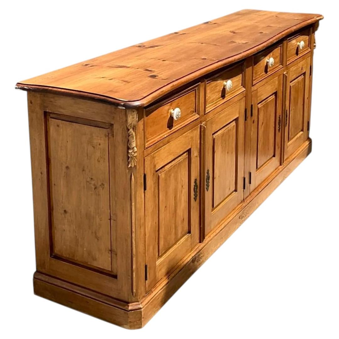 Vintage Carved Knotty Pine Credenza