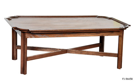 COFFEE TABLE: 1970's Traditional, Dark Oak, Rectangular Recessed Top with Rounded Recessed Corners, Scooped Front Squared Legs with X Stretcher, 48 X 26 X 17-3/4"H