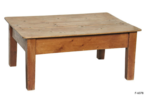 COCKTAIL TABLE: Antique waxed pine, rectangular plank top on square legs, 26" x 36" x 16" H.