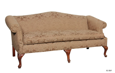 SOFA: Georgian Style, Cocoa Brown Floral Damask, Camel Back Frame, Loose Box Edge Seat Cushion with Welt Trim, 79"W x 30"D x 35"H