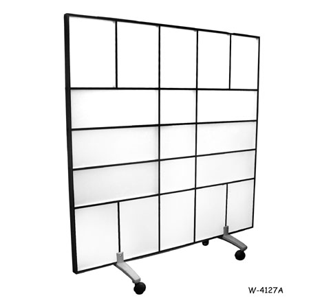 SCREEN/ROOM DIVIDER: "Herman Miller", Modern Free-Standing Black Framed Irregular white translucent plastic panels Within Black Frame, With Casters, 60"W X 64-1/4"H. SPECIAL PACKING #584